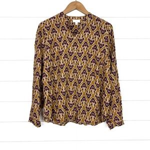 NWT JJill Rayon Button Blouse Floral Fan Mustard Purple Medium New Tags Boho